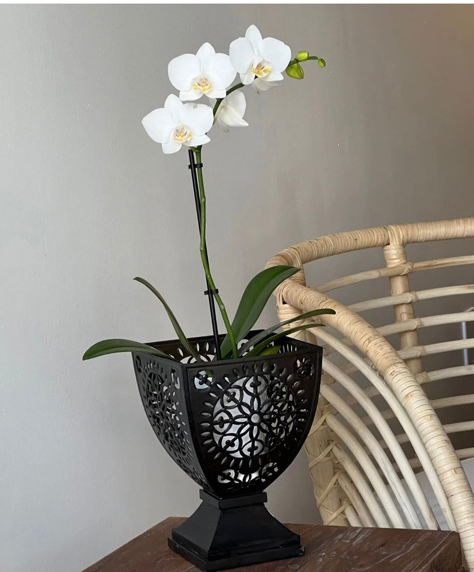 HAND STAMPED METAL FLOWER DESIGN URN