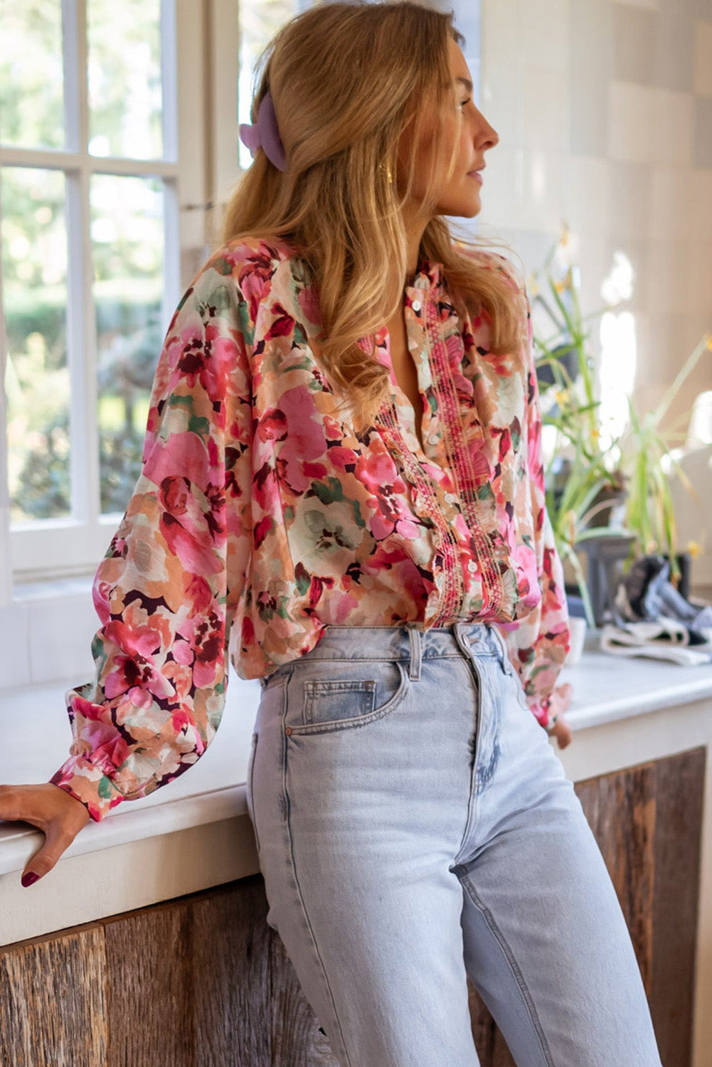 Frill Floral Button Down Long Sleeve Shirt