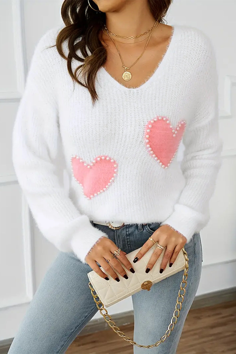 Heart V-Neck Long Sleeve Sweater