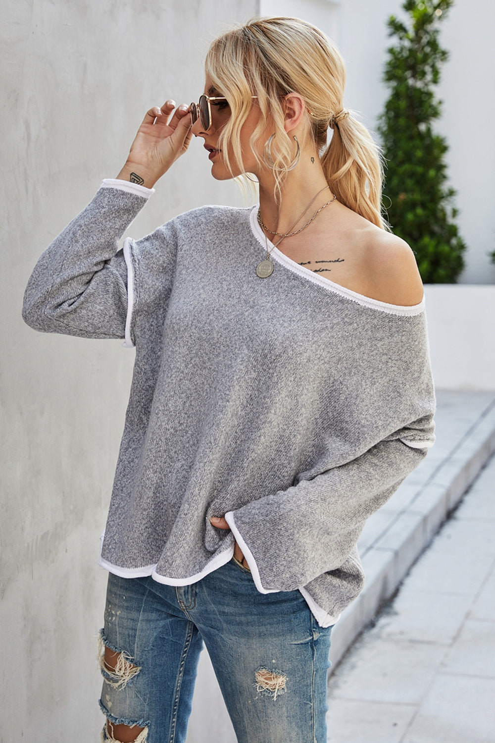 Angel Wings Round Neck Dropped Shoulder Sweater