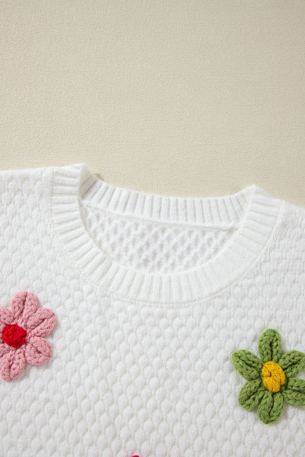 Crochet Flower Round Neck Long Sleeve Sweater