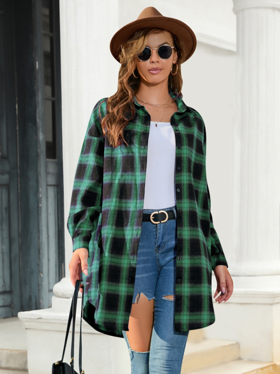 Full Size Plaid Button Up Dropped Shoulder Shirt