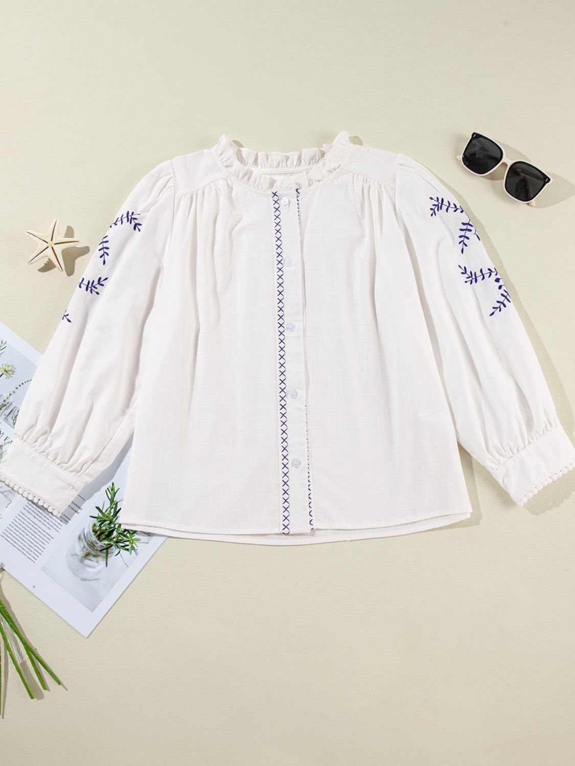 Frill Floral Embroidered Sleeve Shirt