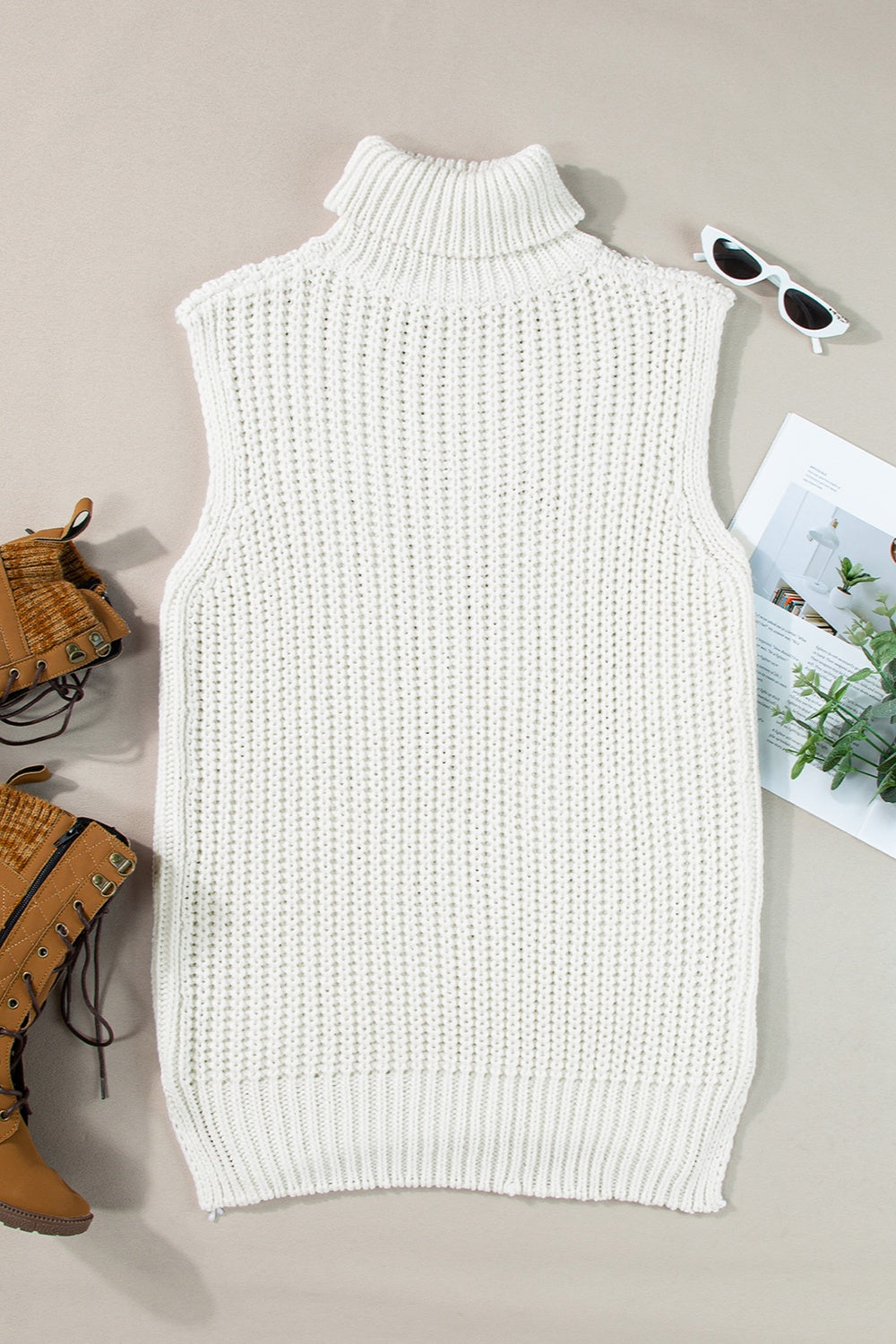 Slit Turtleneck Sleeveless Sweater Vest