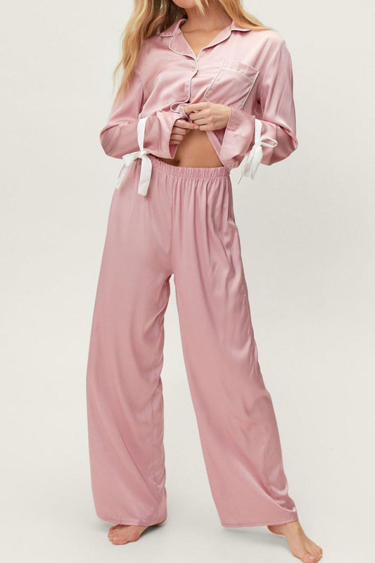 Basic Bae Tied Cuff Collared Neck Top and Pants Lounge Set