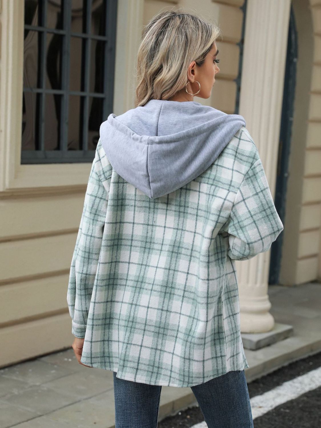 Drawstring Plaid Button Up Hooded Jacket