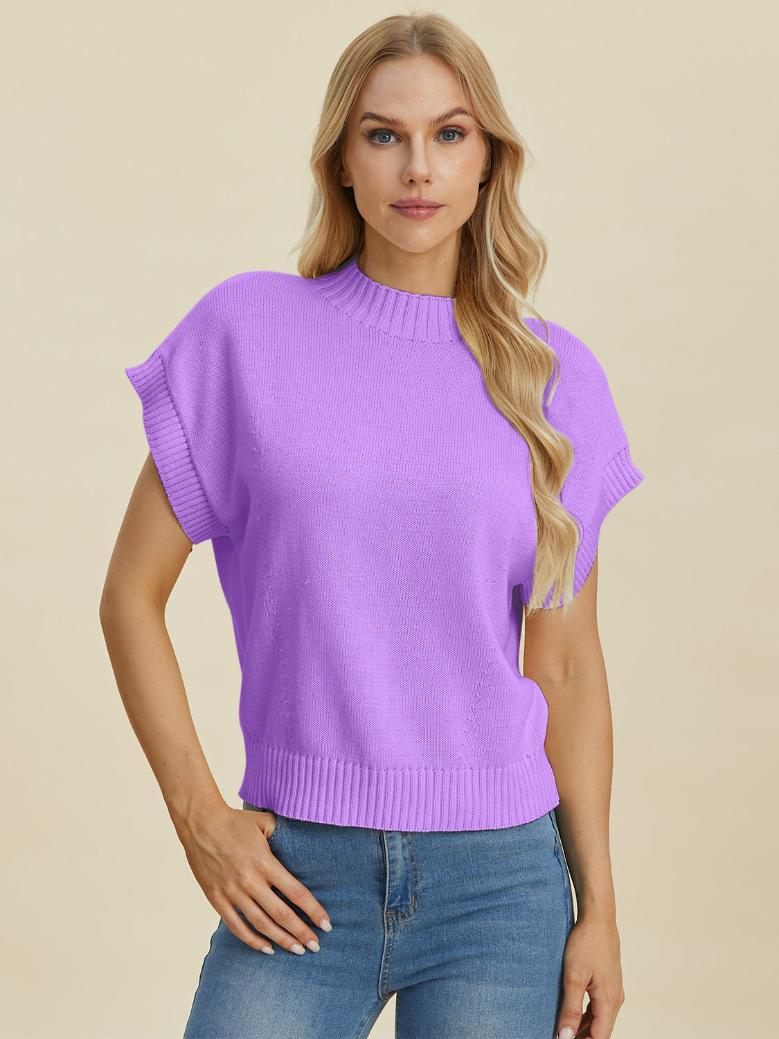 Double Take Full Size Mock Neck Short Sleeve Sweater