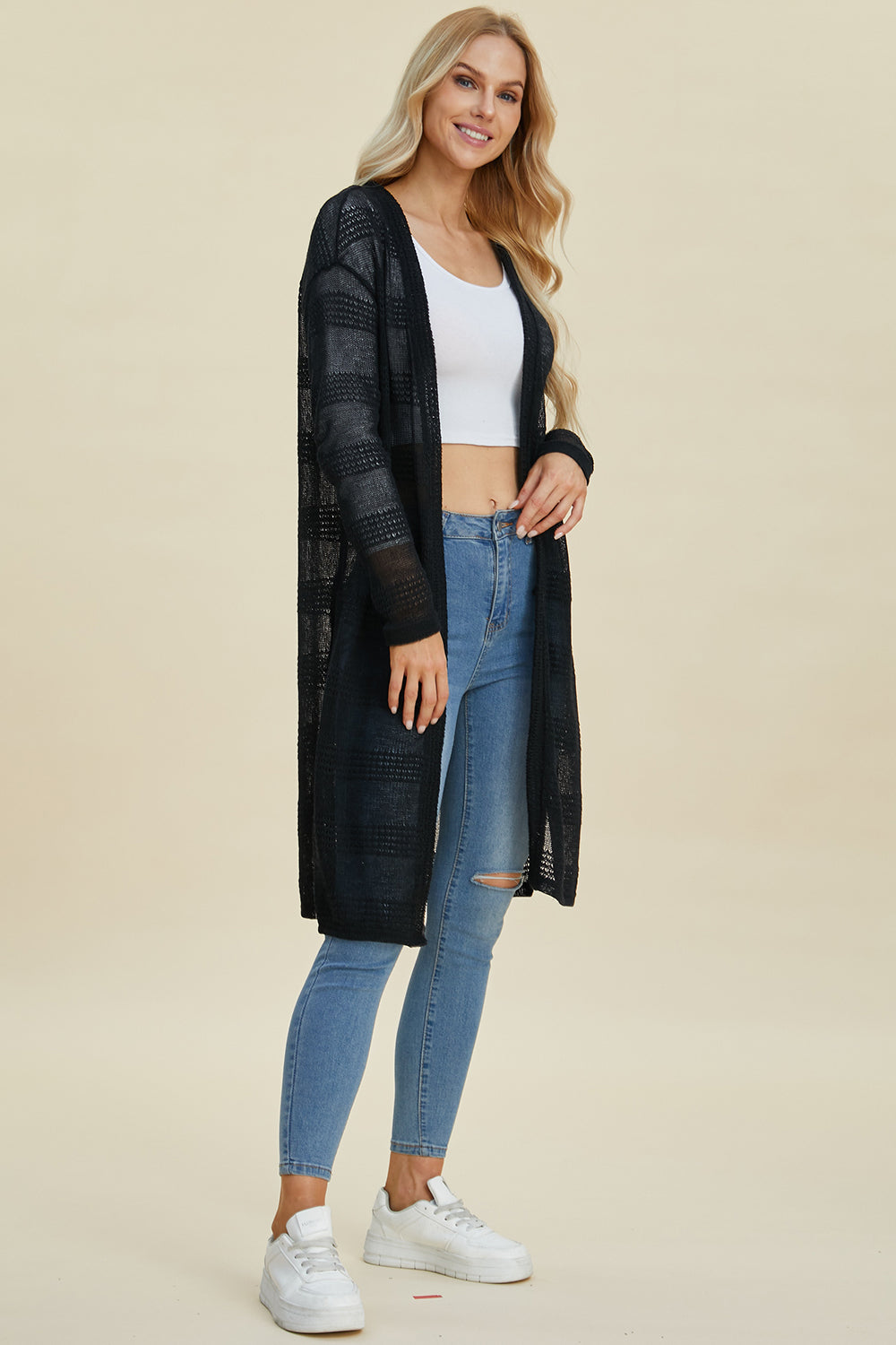 Double Take Full Size Open Front Longline Cardigan