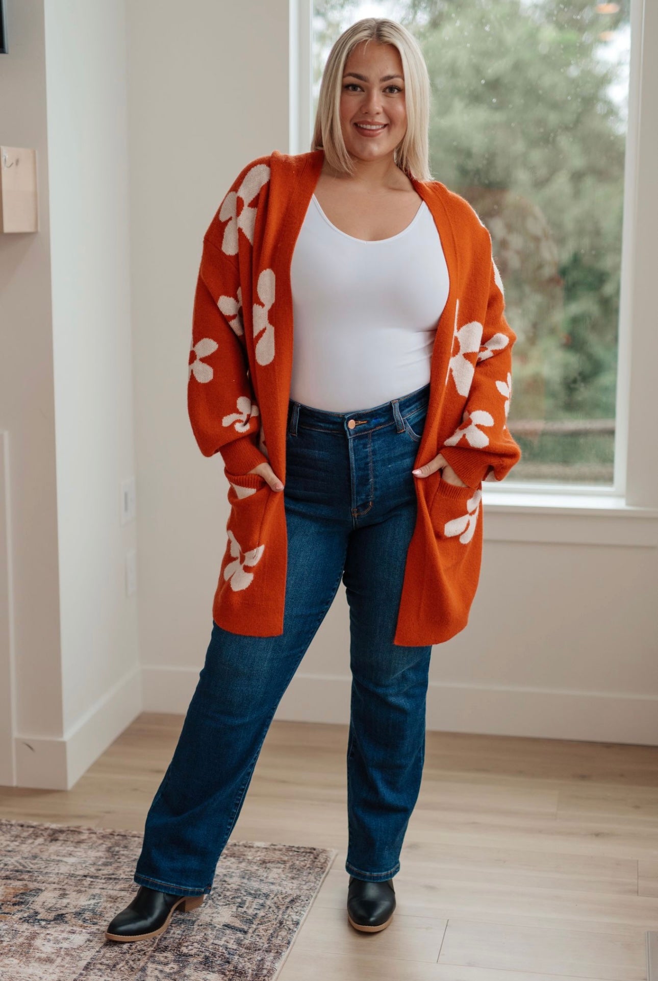 ENOUGH ANYWAYS FLORAL CARDIGAN IN BURNT ORANGE