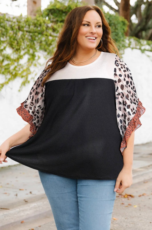 3XL Printed Color Block Ruffled Blouse - single piece