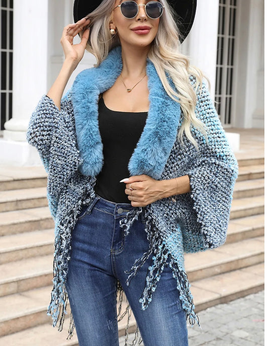 Large Color Block Open Front Fringe Hem Poncho - single piece