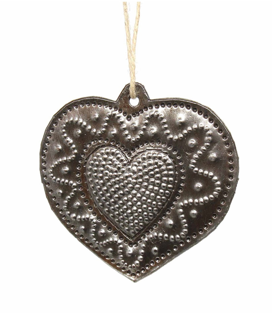 SWIRLY HEART HAITIAN METAL DRUM CHRISTMAS ORNAMENT