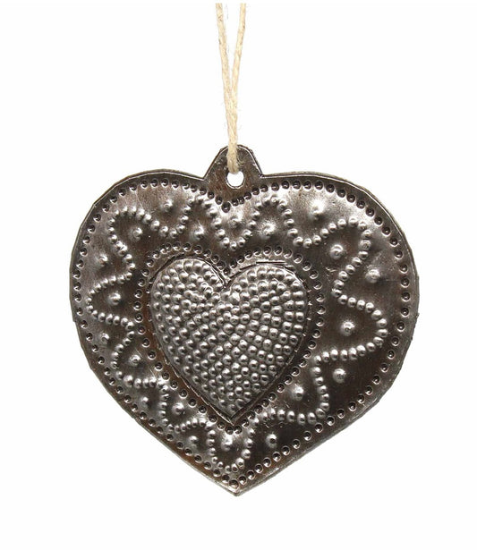 SWIRLY HEART HAITIAN METAL DRUM CHRISTMAS ORNAMENT