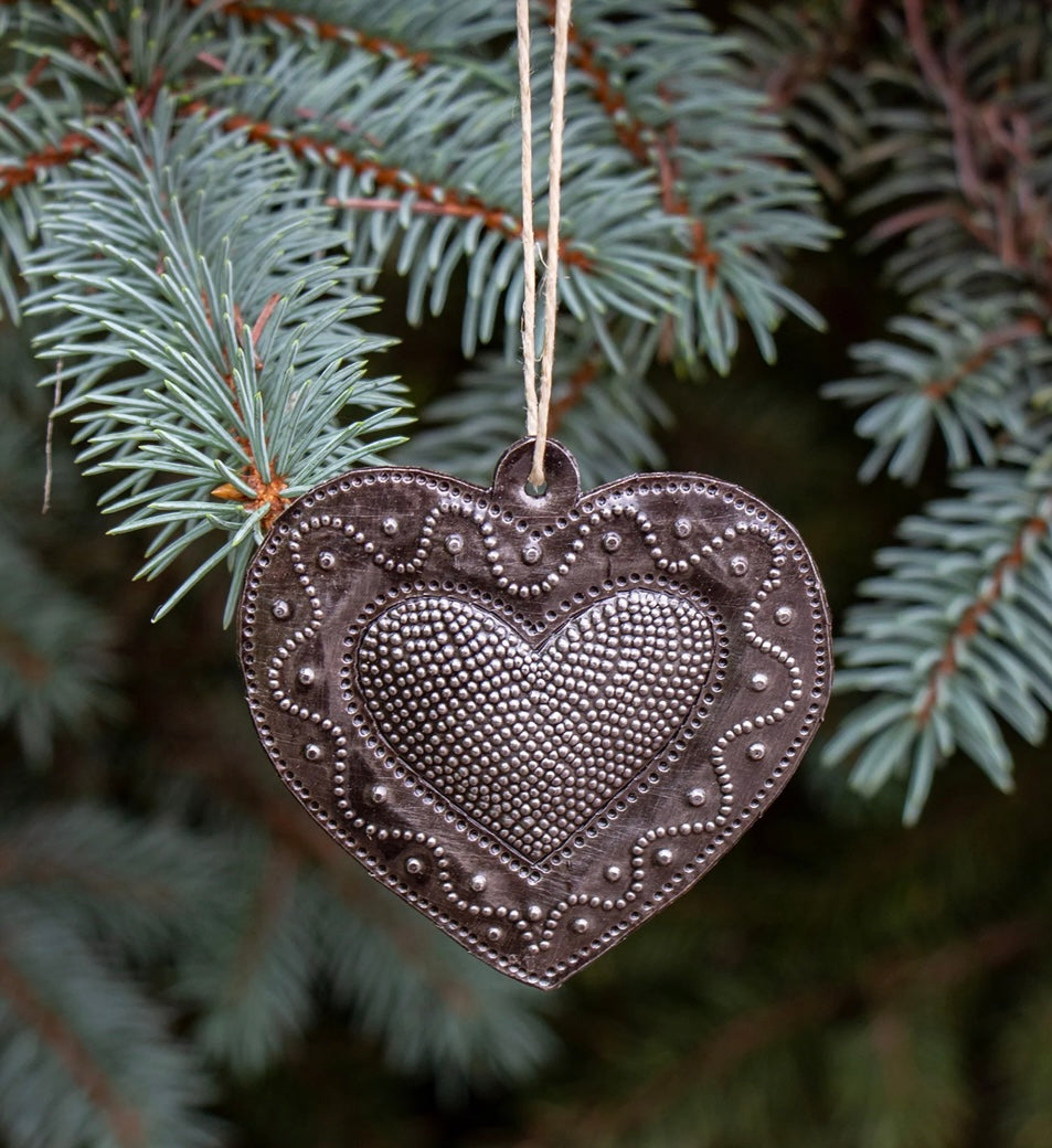 SWIRLY HEART HAITIAN METAL DRUM CHRISTMAS ORNAMENT