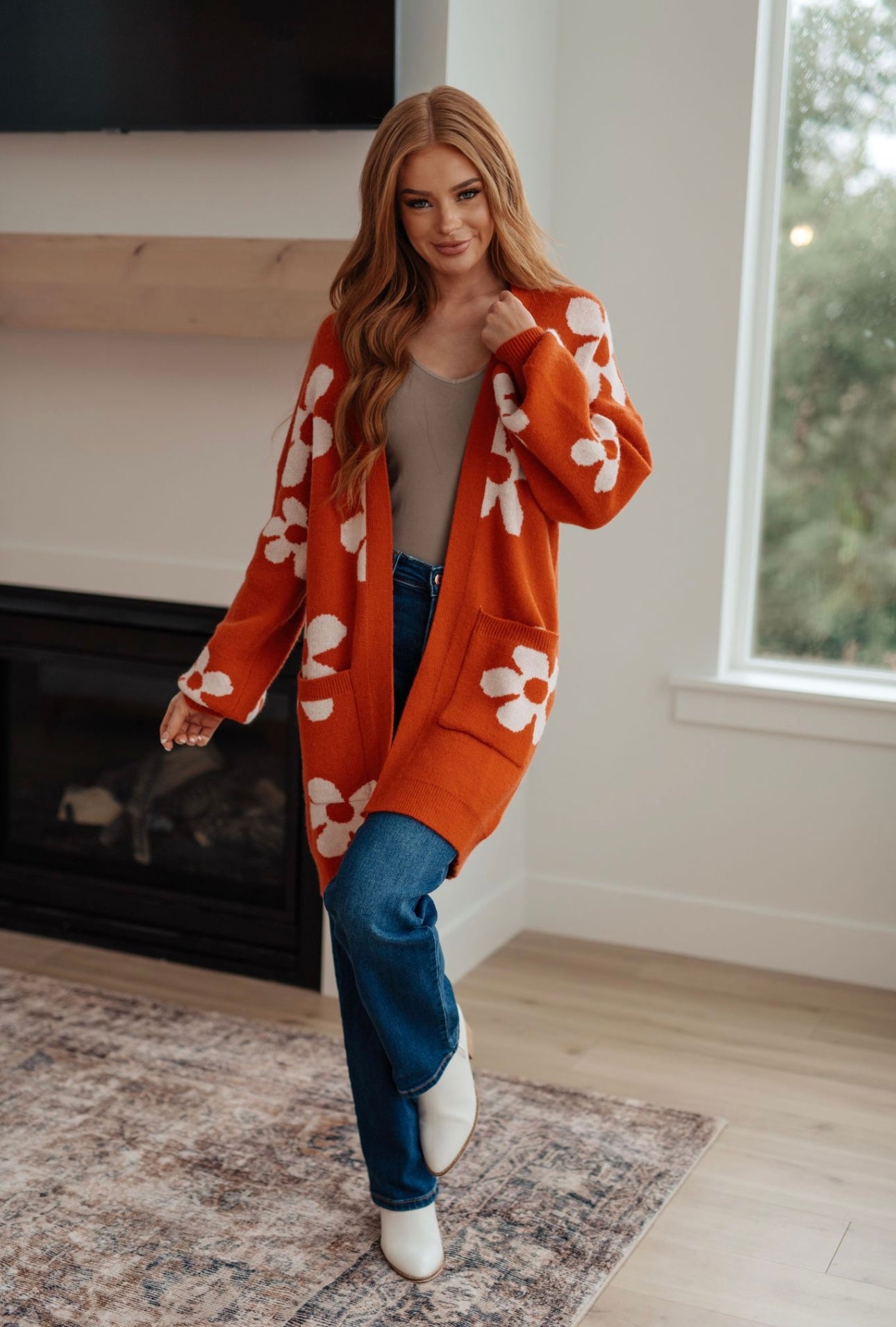 ENOUGH ANYWAYS FLORAL CARDIGAN IN BURNT ORANGE