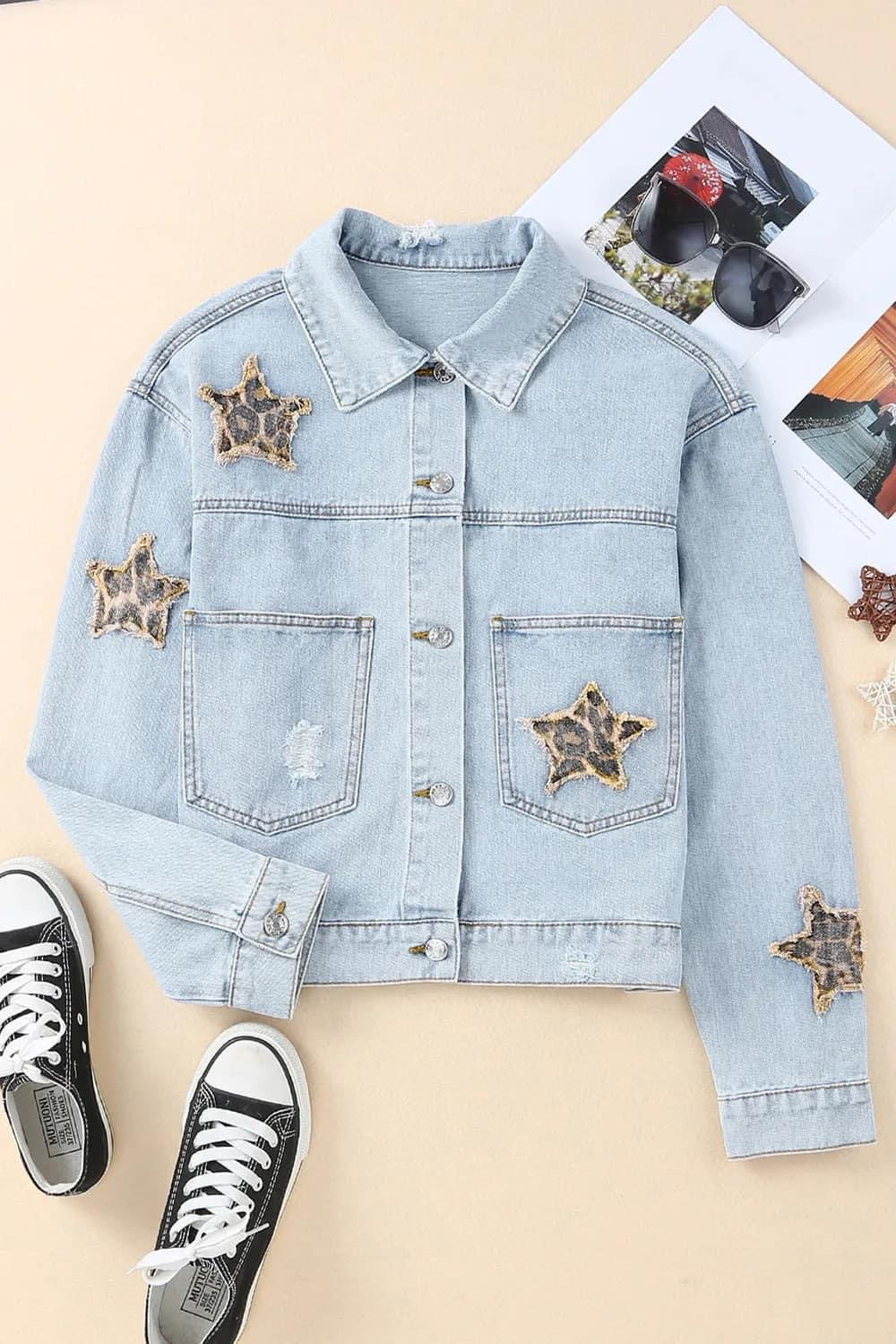 2XL Leopard Star Applique Distressed Denim Jacket - single piece