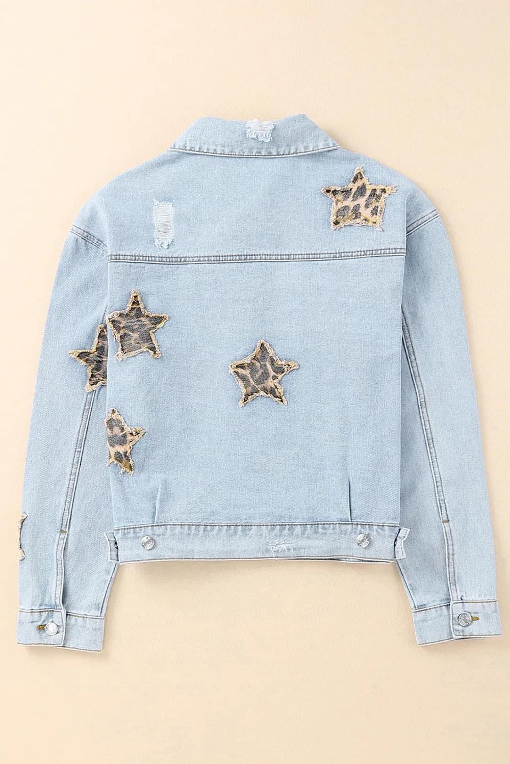 2XL Leopard Star Applique Distressed Denim Jacket - single piece