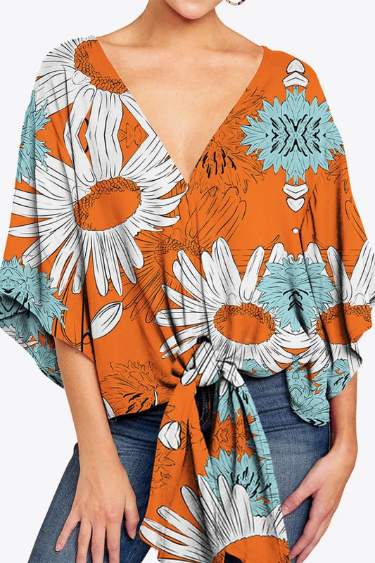 2XL Printed Deep V Tie Hem Blouse - single piece