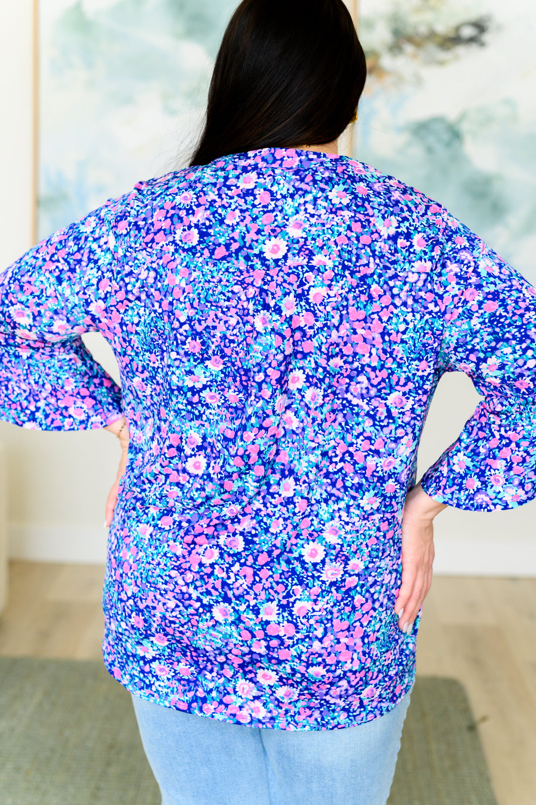 Lizzy Bell Sleeve Top in Navy and Pink Floral