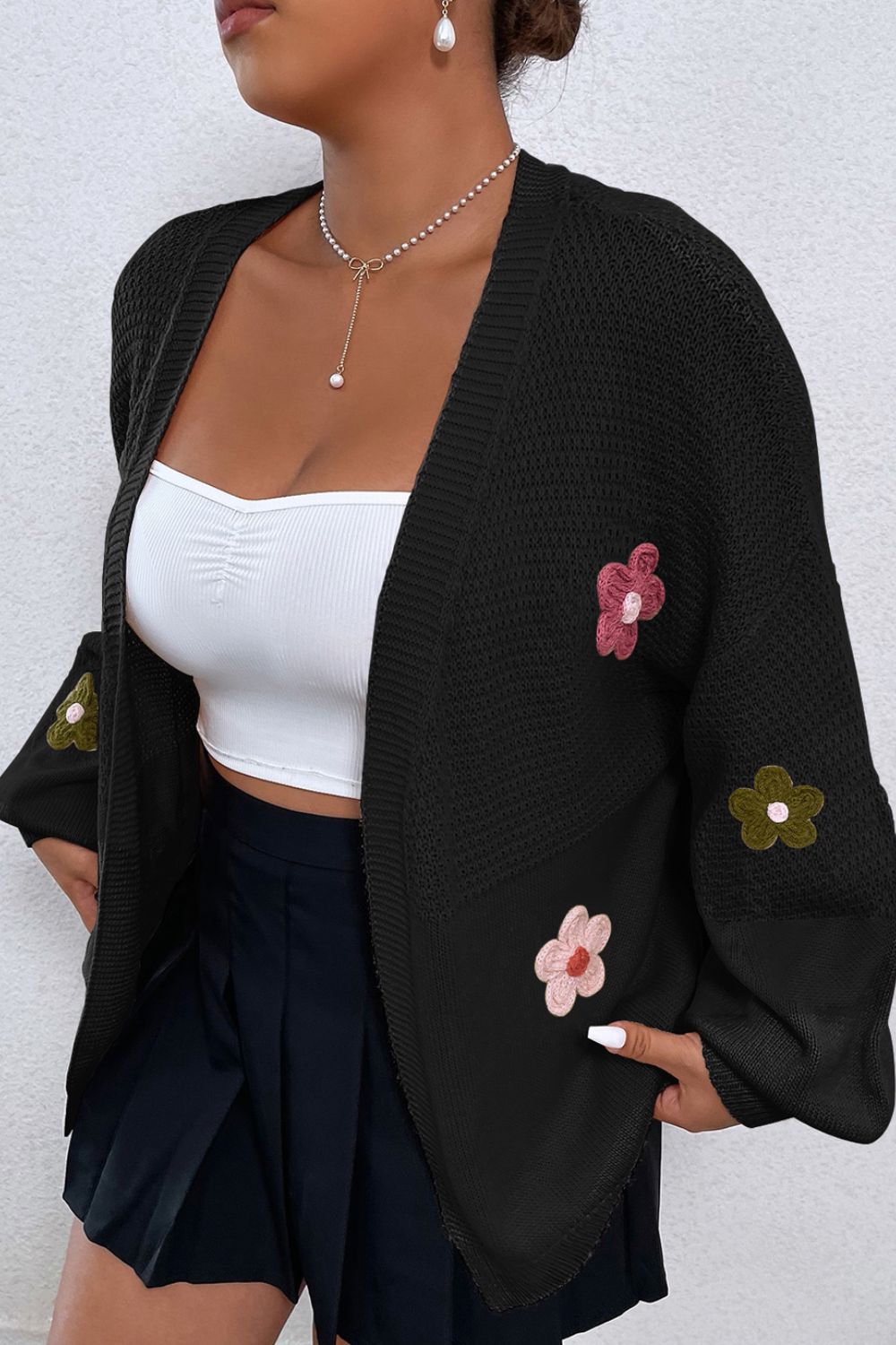 Floral Applique Drop Shoulder Open Front Cardigan