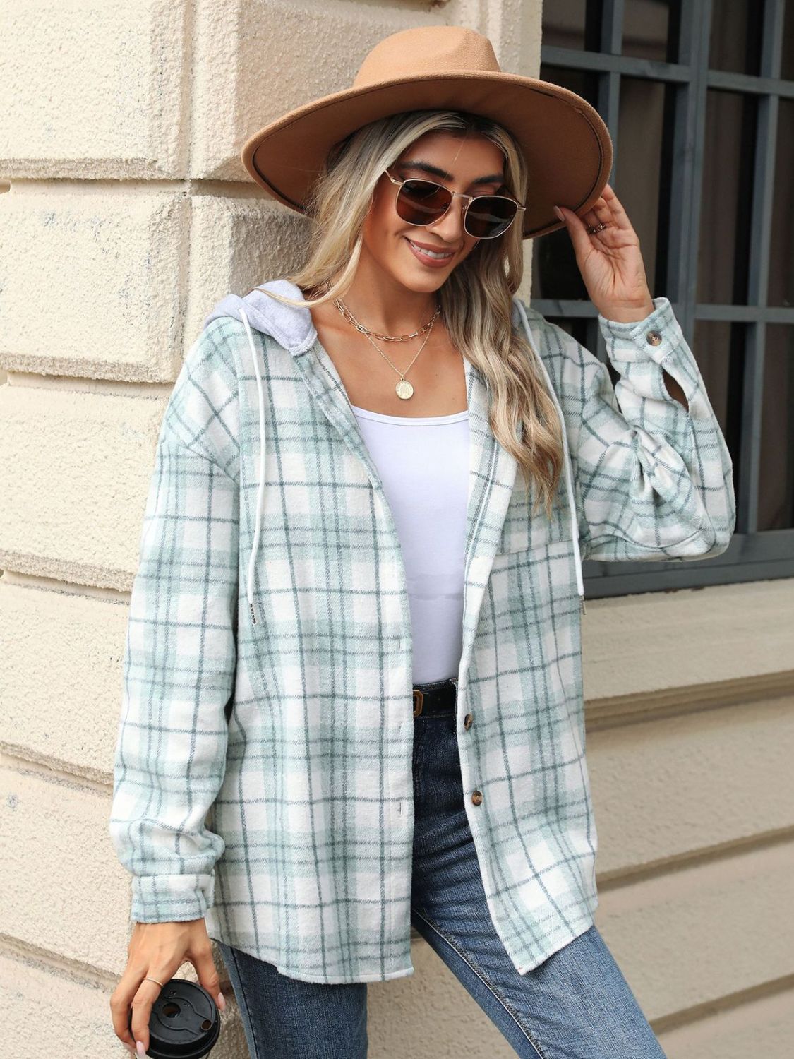 Drawstring Plaid Button Up Hooded Jacket