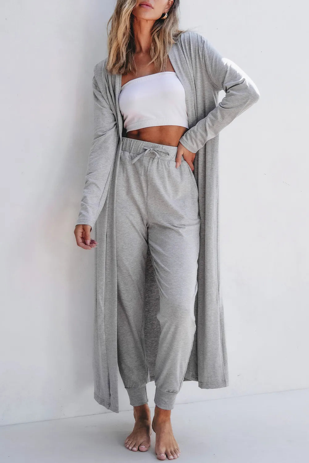 Open Front Long Sleeve Cardigan and Pants Lounge Set