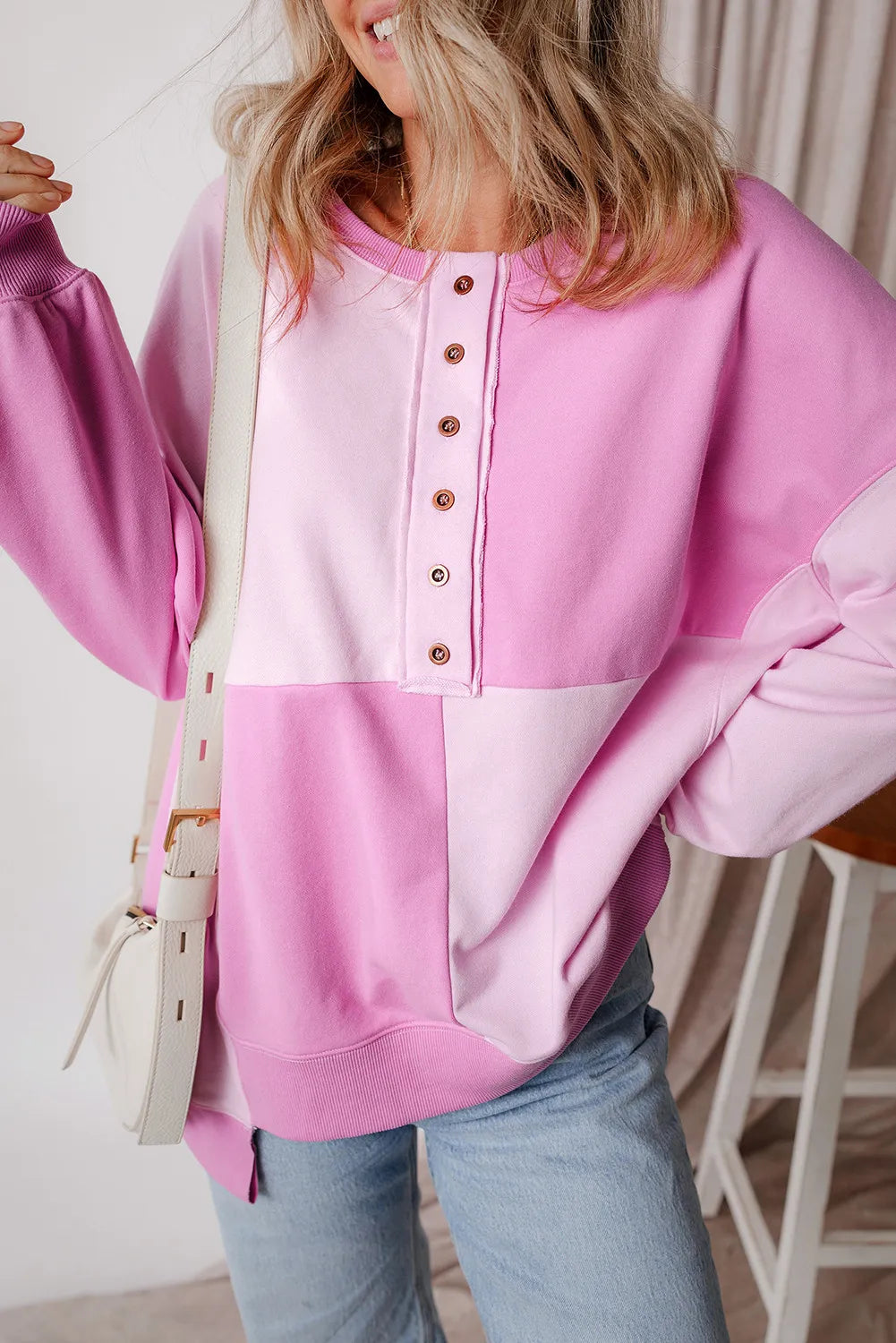 Contrast Half Button Long Sleeve Sweatshirt