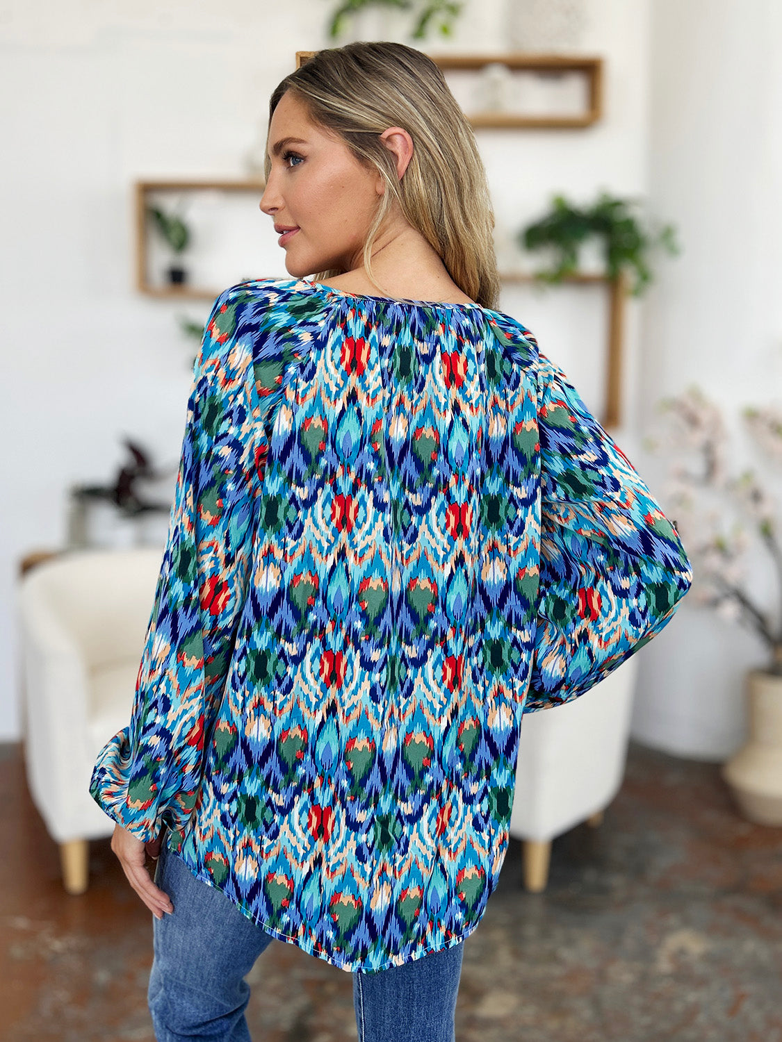 Double Take Full Size Printed Balloon Sleeve Blouse