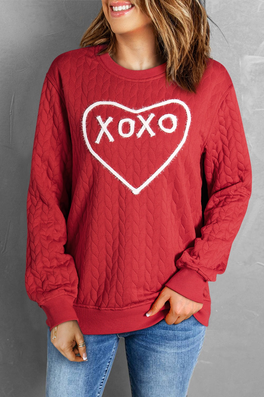 XOXO Heart Round Neck Dropped Shoulder Sweatshirt