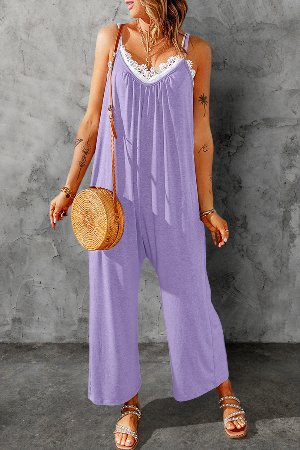 Small Spaghetti Strap Wide Leg Jumpsuit - Single Piece