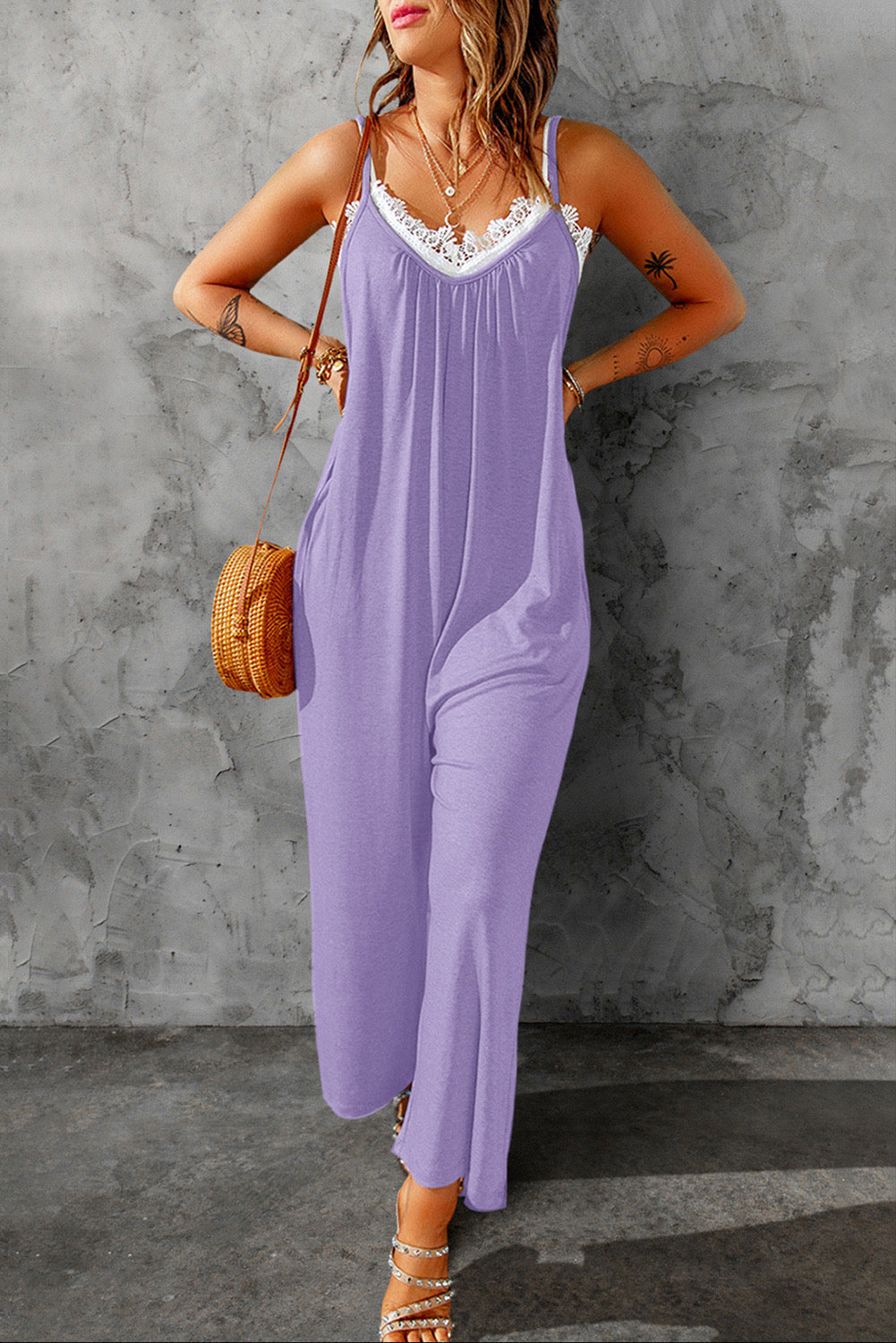 Small Spaghetti Strap Wide Leg Jumpsuit - Single Piece