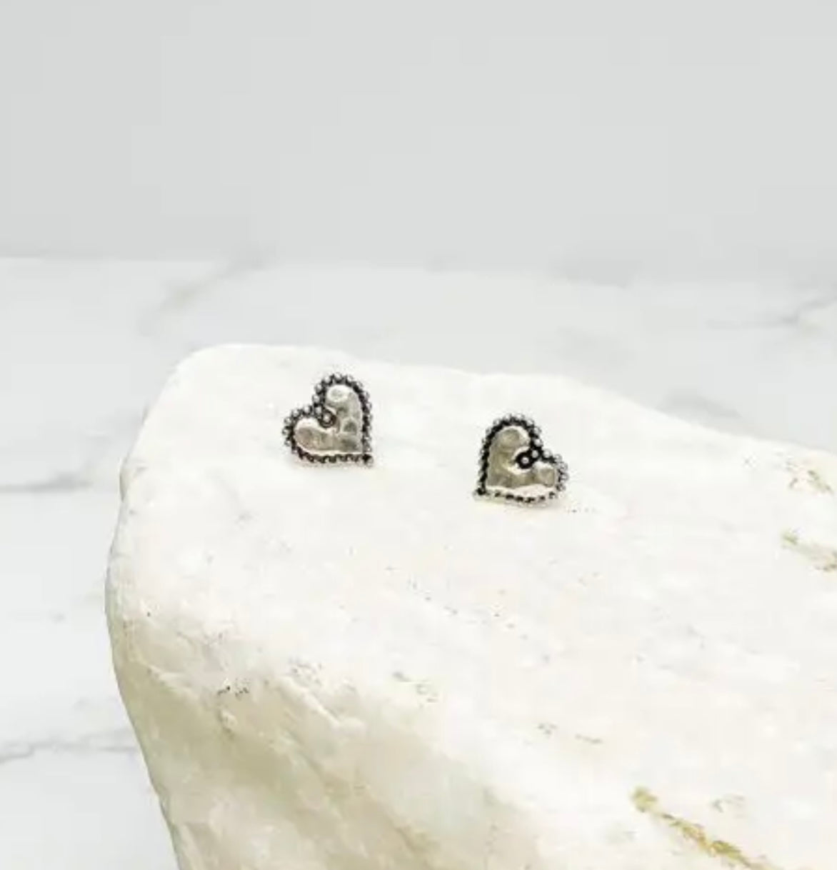 Hammered Matte Silver Heart Stud Earrings