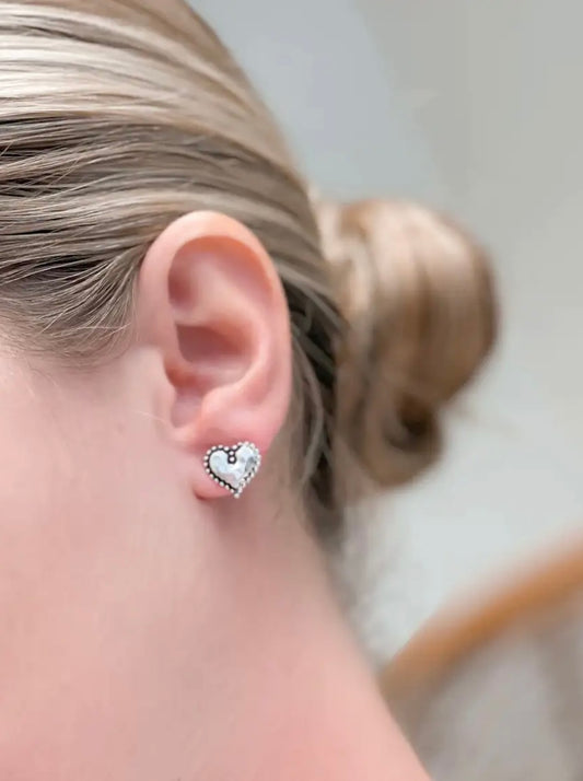 Hammered Matte Silver Heart Stud Earrings