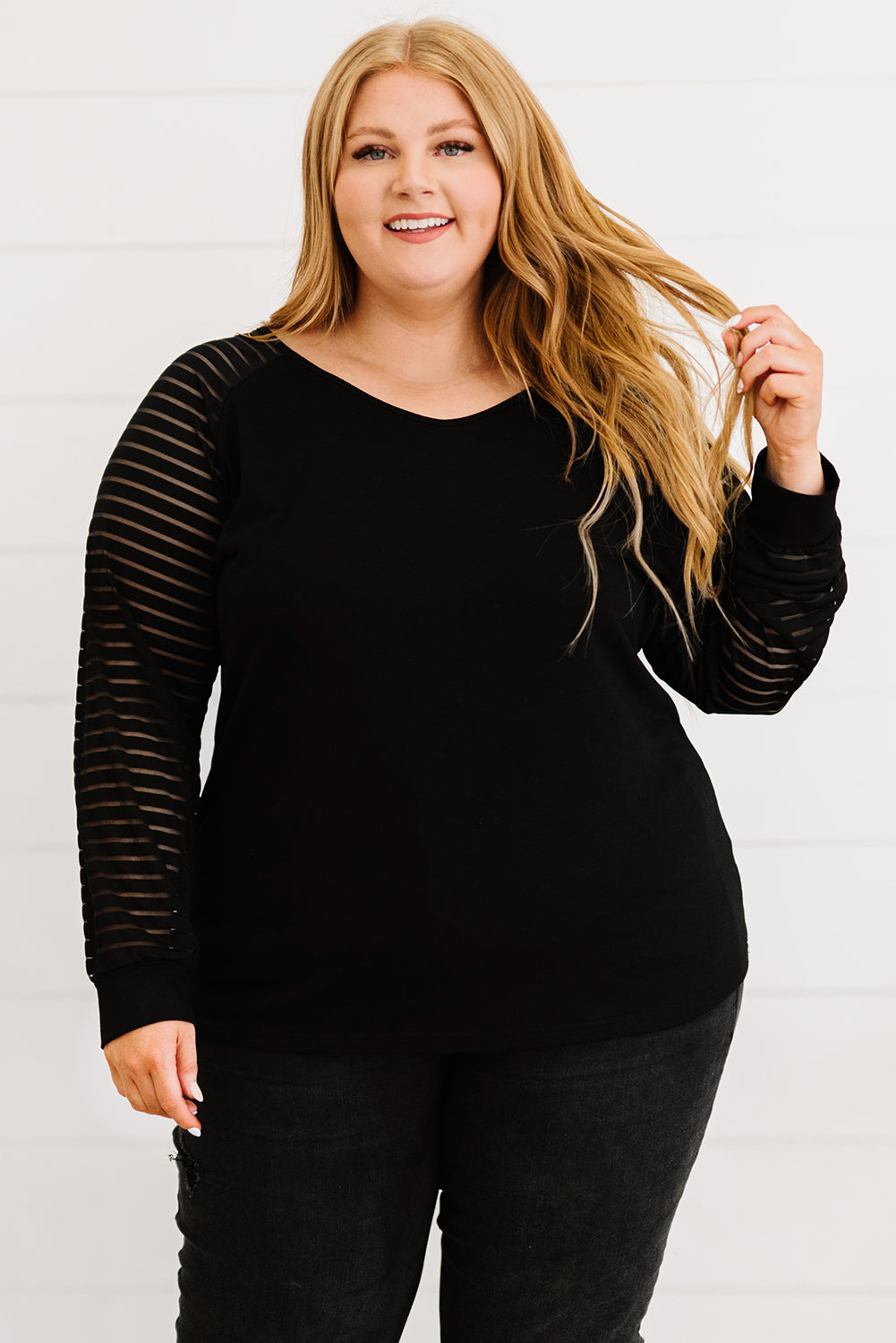 Plus Size Sheer Striped Sleeve V-Neck Top