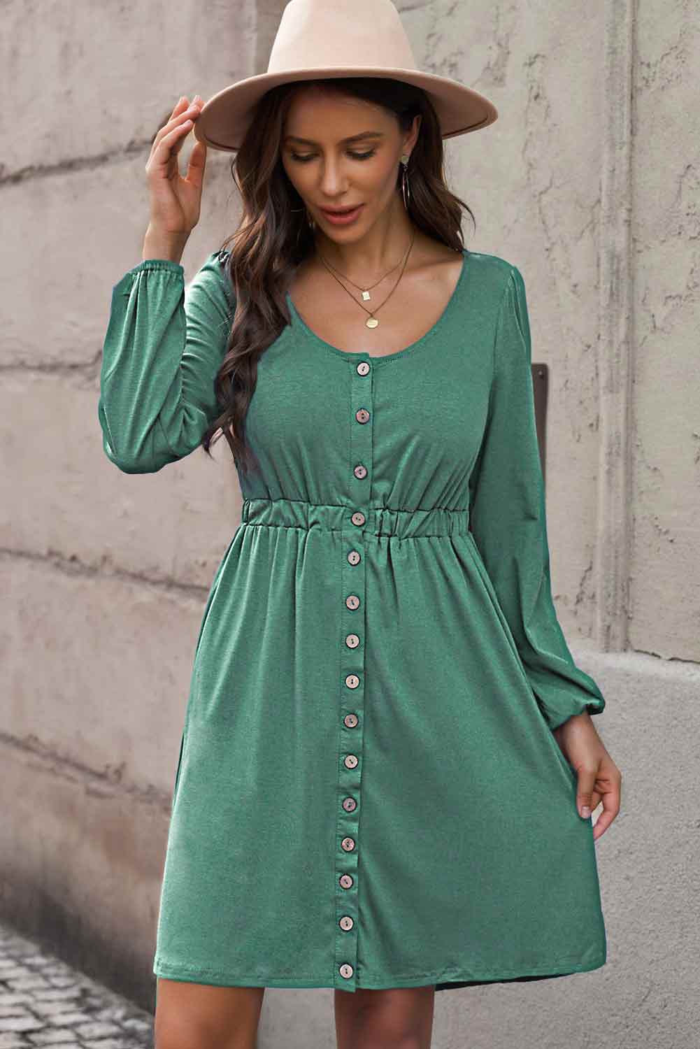 Scoop Neck Empire Waist Long Sleeve Mini Dress