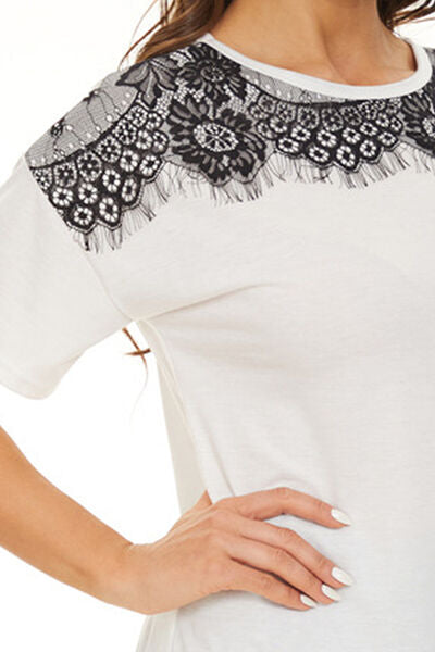 Lace Detail Round Neck Short Sleeve T-Shirt