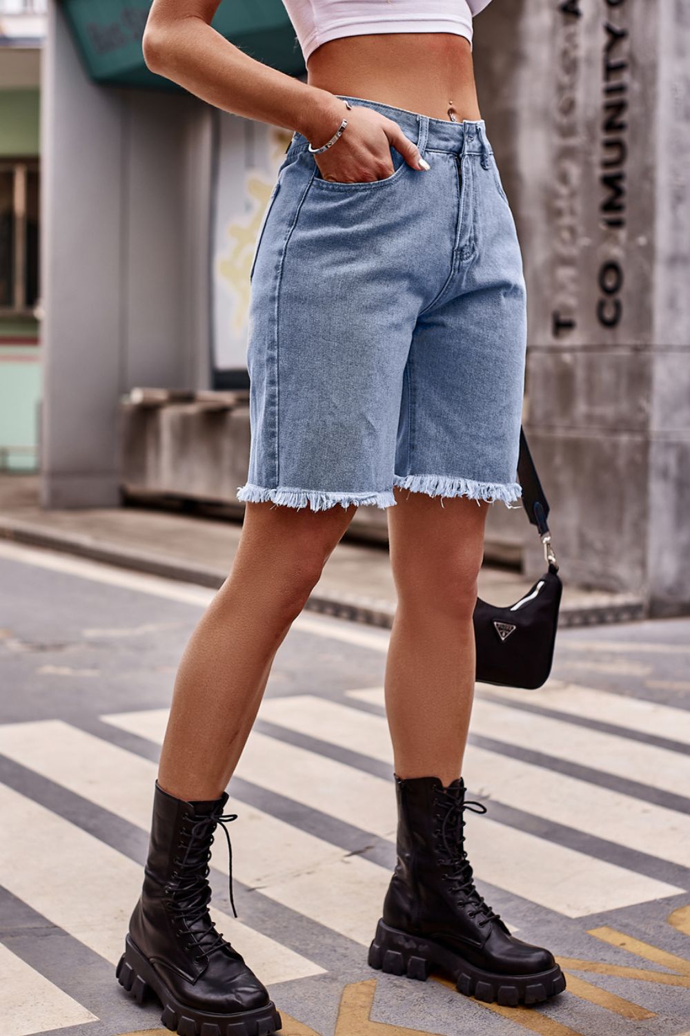 Raw Hem Denim Shorts with Pockets