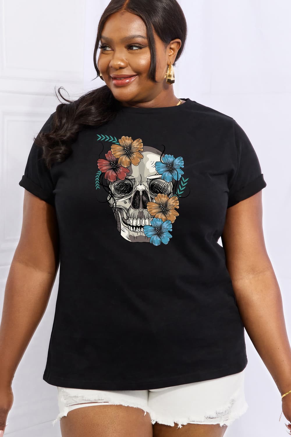 Simply Love Full Size Flower Skull Graphic Cotton Tee