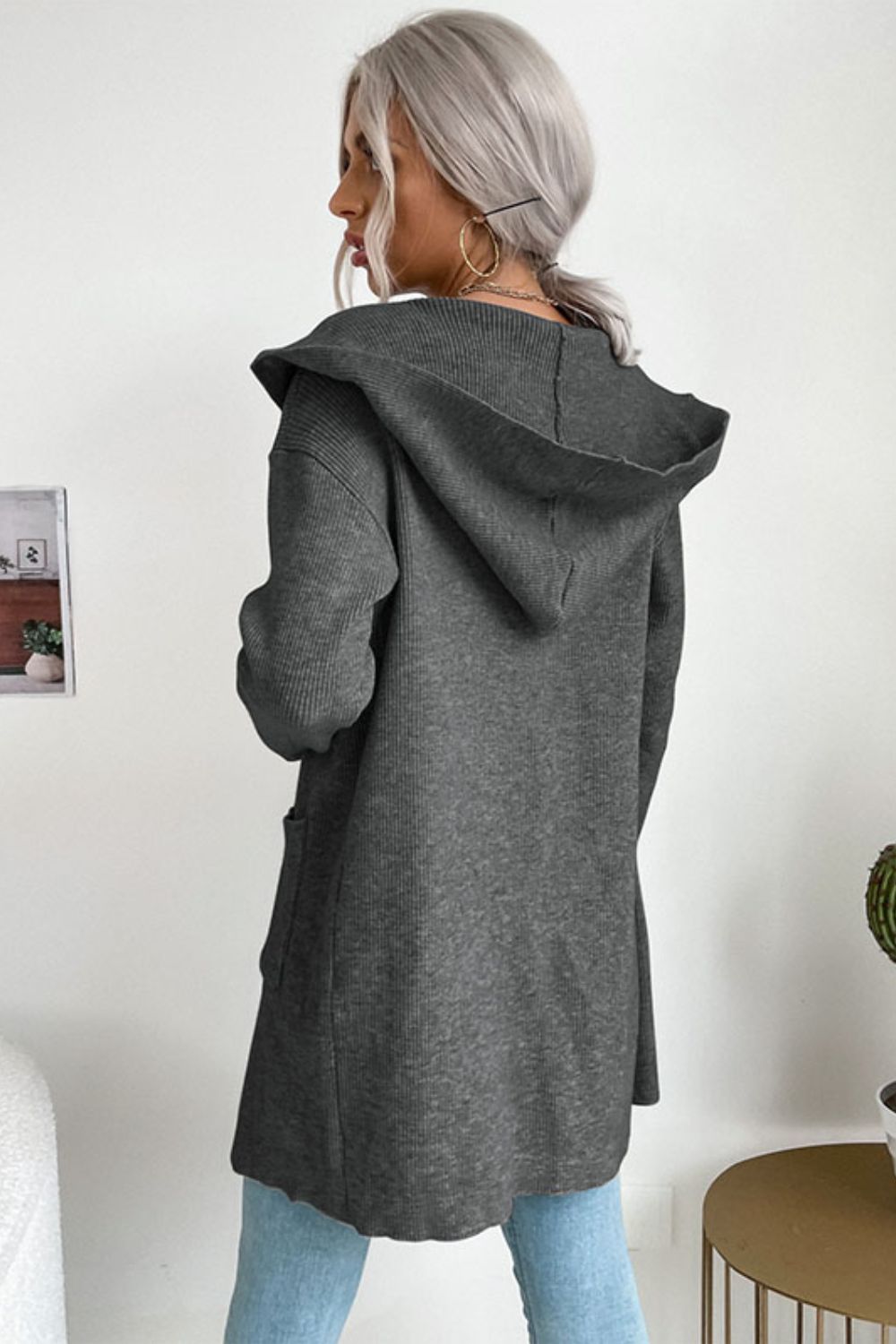 Ribbed Open Front Hooded Cardigan with Pockets