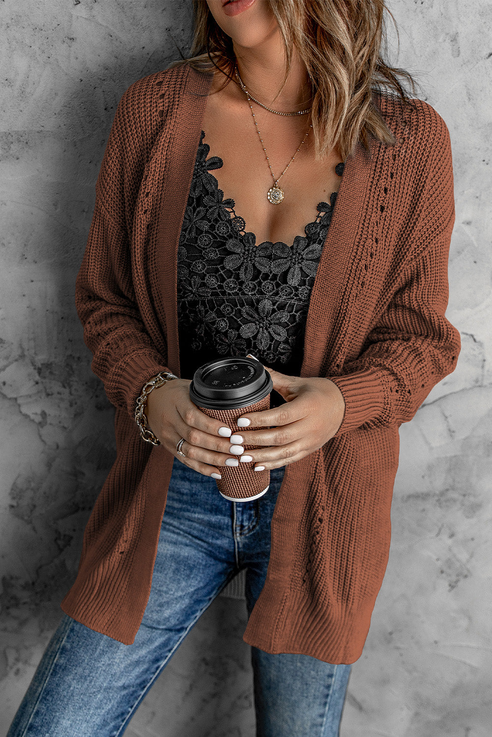 Openwork Rib-Knit Slit Cardigan with Pockets