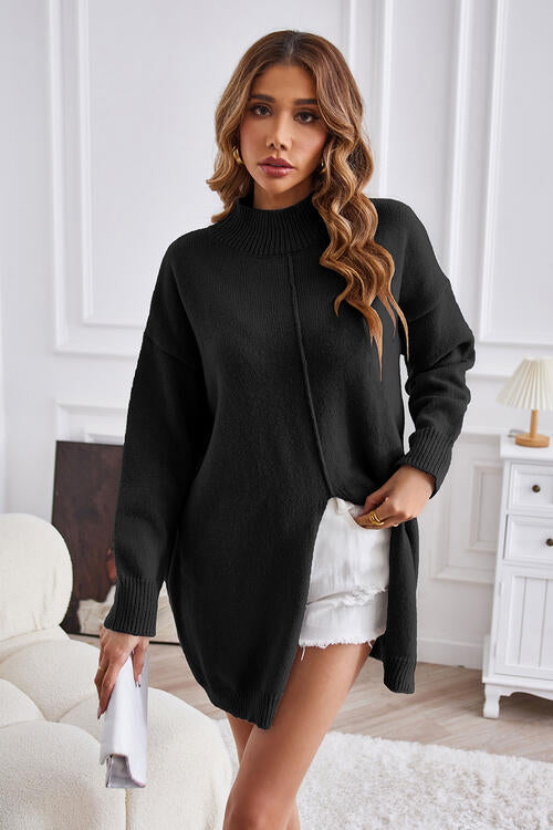 Exposed Seam Mock Neck Slit Sweater