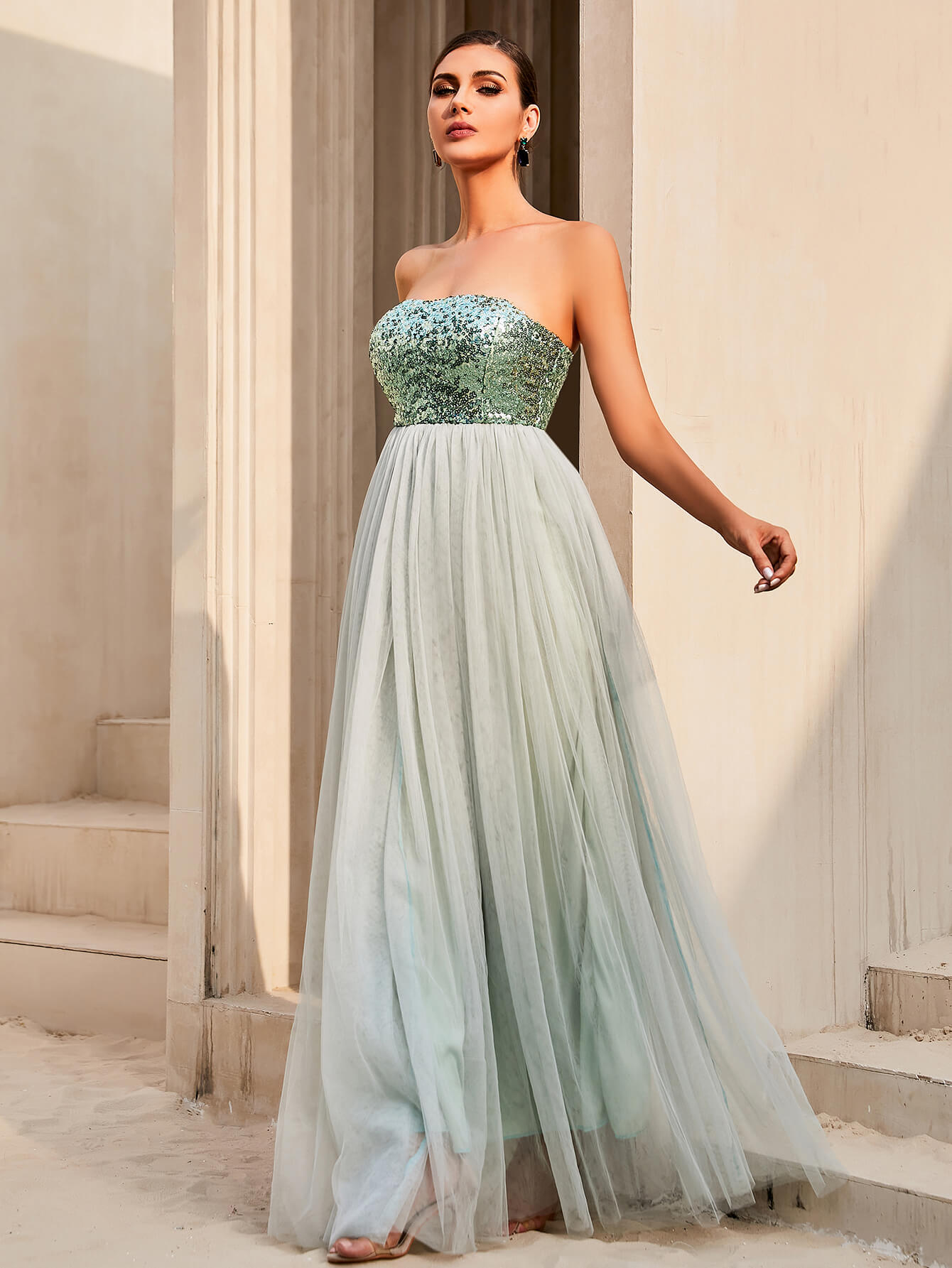 Sequin Strapless Spliced Tulle Dress