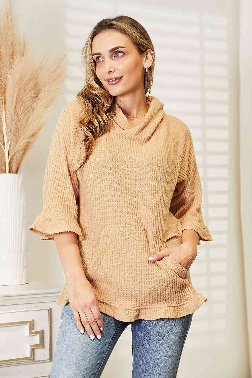 Full Size Waffle-Knit Ruffle Hem Hoodie