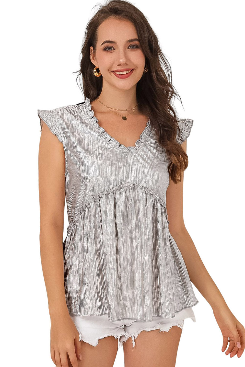 Full Size Frill Trim V-Neck Metallic Blouse