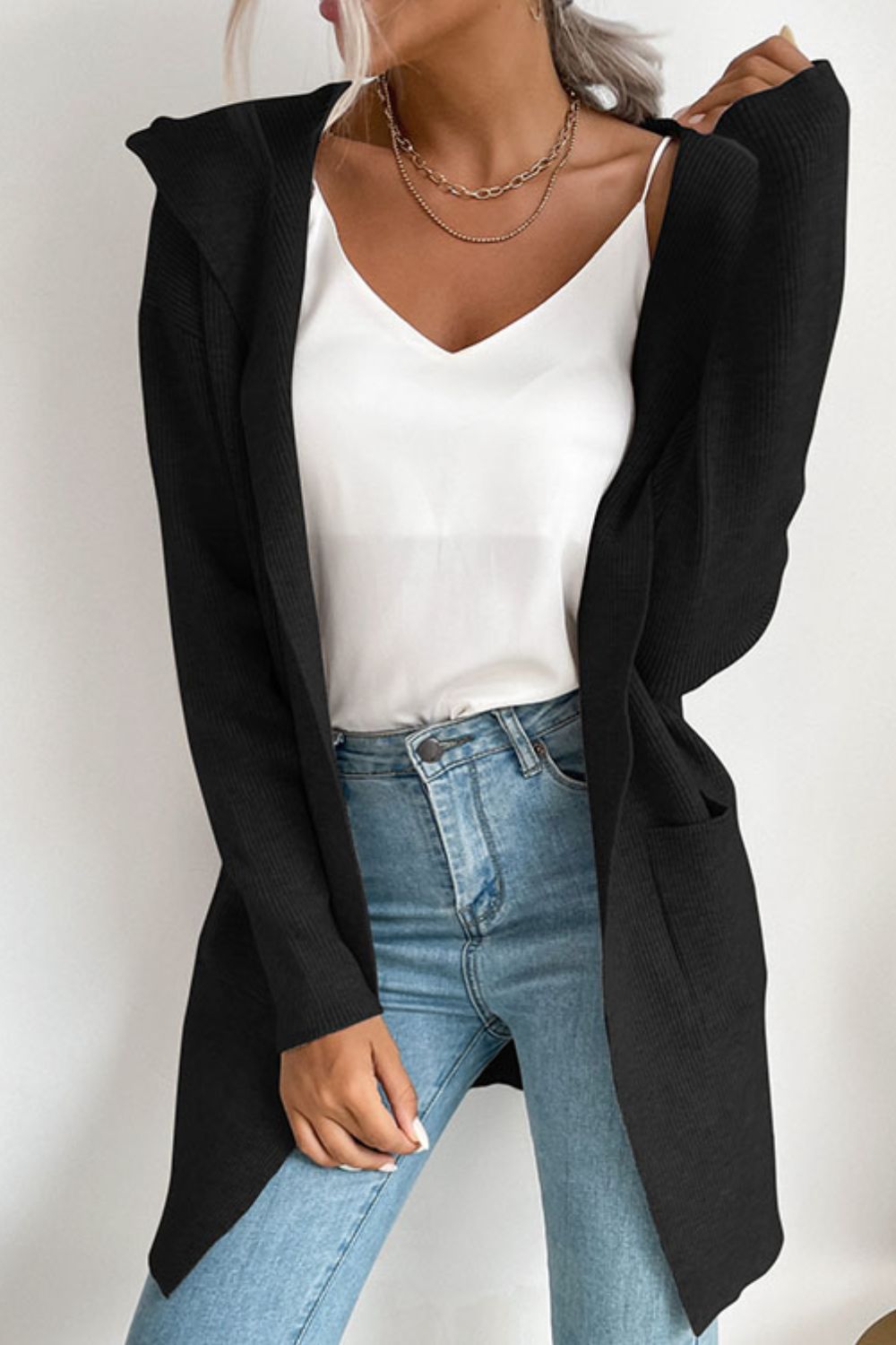 Ribbed Open Front Hooded Cardigan with Pockets