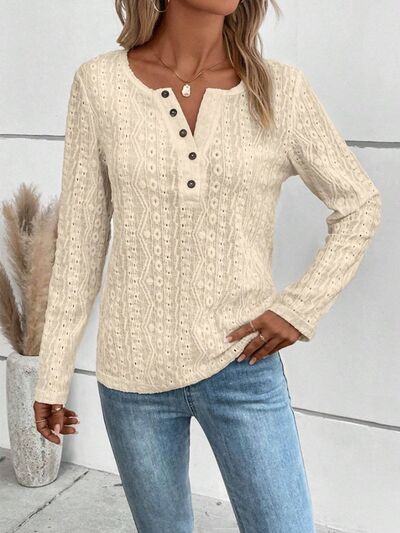 Openwork Half Button Long Sleeve Blouse