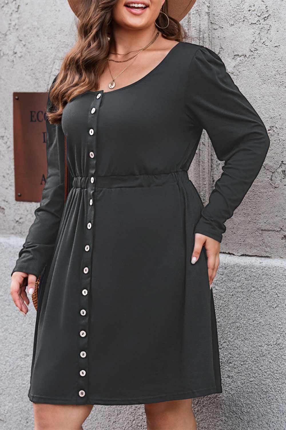 Button Front Elastic Waist Long Sleeve Dress