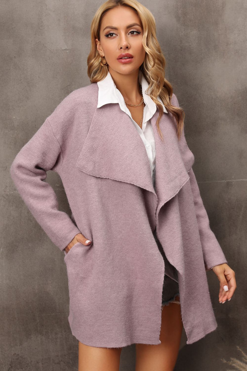 Waterfall Collar Longline Cardigan with Side Pockets