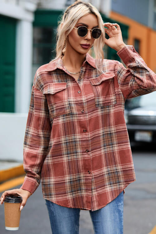 Plaid Collared Neck Long Sleeve Shirt