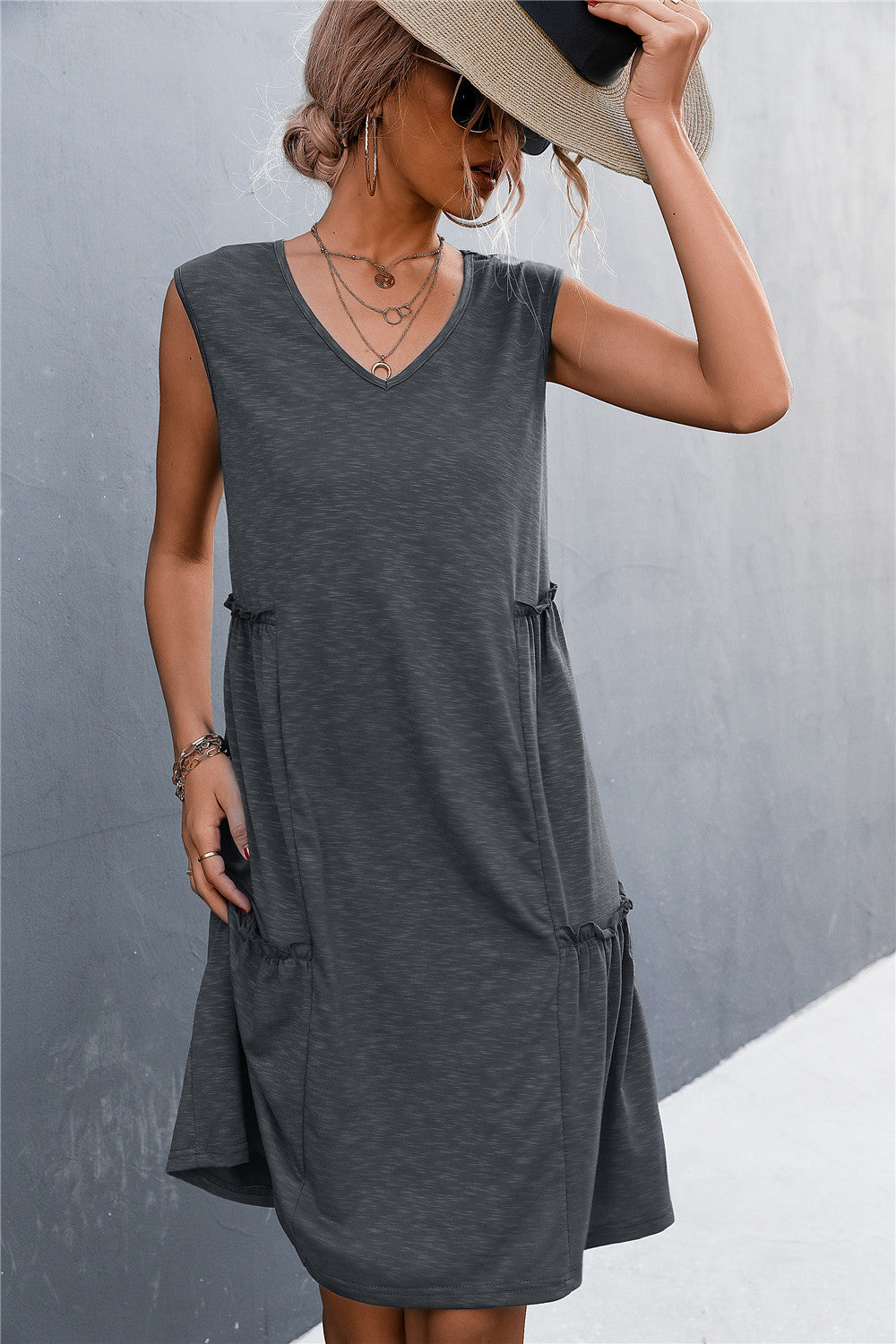 V-Neck Frill Trim Sleeveless Dress